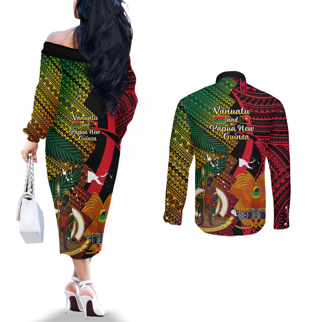 Vanuatu and Papua New Guinea Couples Matching Off The Shoulder Long Sleeve Dress and Long Sleeve Button Shirts Vanuatuan With PNG Polynesian Pattern LT14 - Polynesian Pride