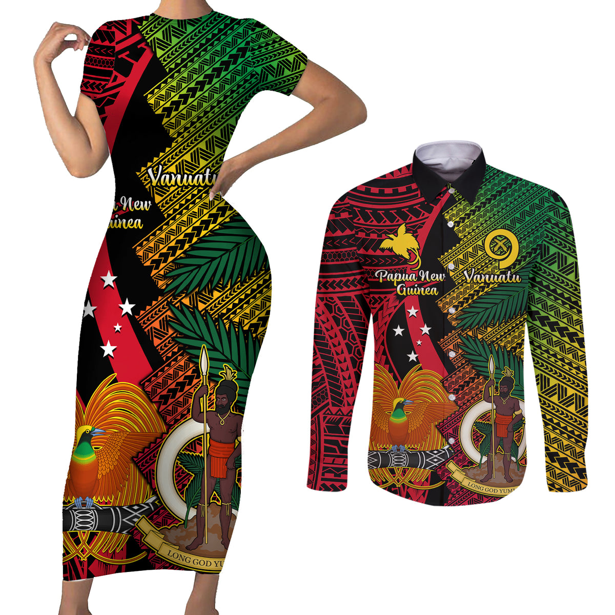 Vanuatu and Papua New Guinea Couples Matching Short Sleeve Bodycon Dress and Long Sleeve Button Shirts Vanuatuan With PNG Polynesian Pattern LT14 Black - Polynesian Pride