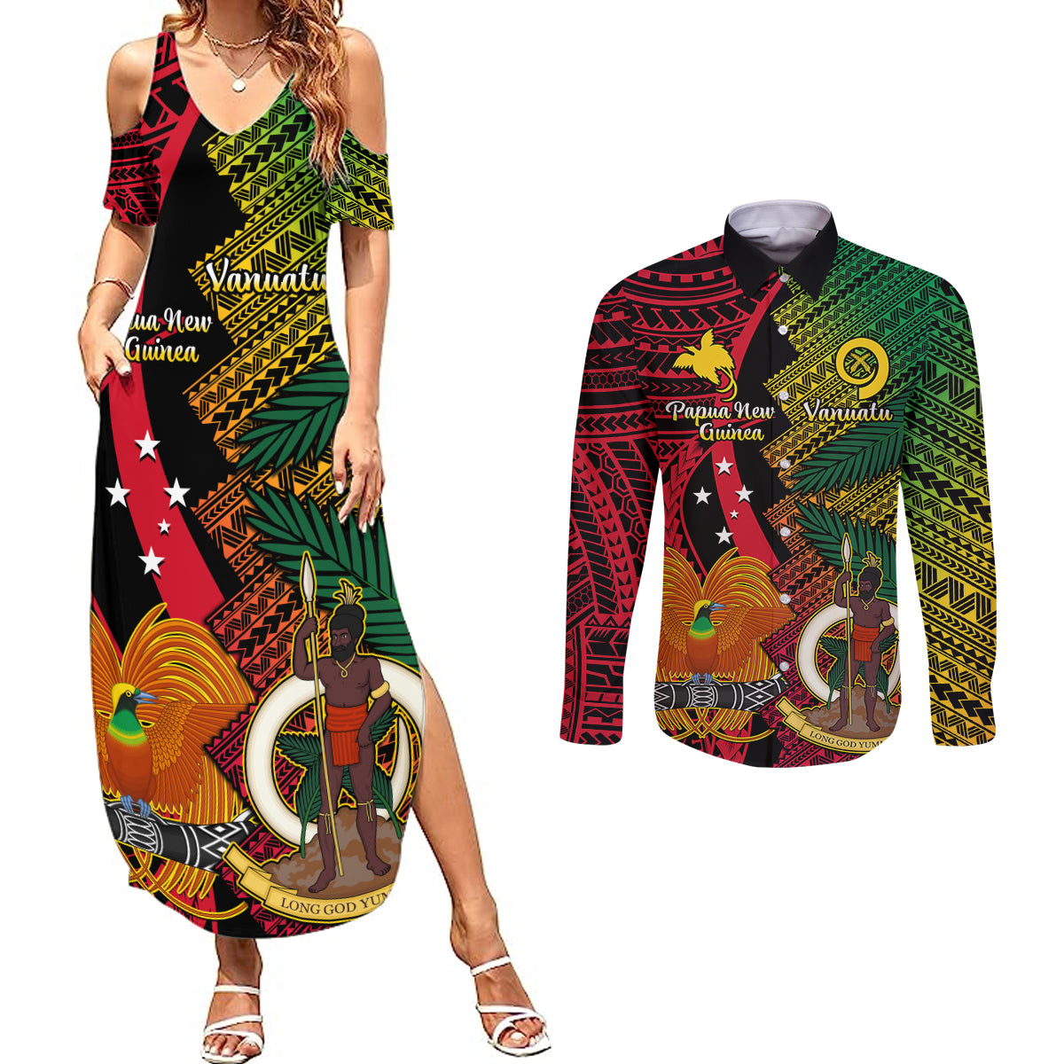 Vanuatu and Papua New Guinea Couples Matching Summer Maxi Dress and Long Sleeve Button Shirts Vanuatuan With PNG Polynesian Pattern LT14 Black - Polynesian Pride