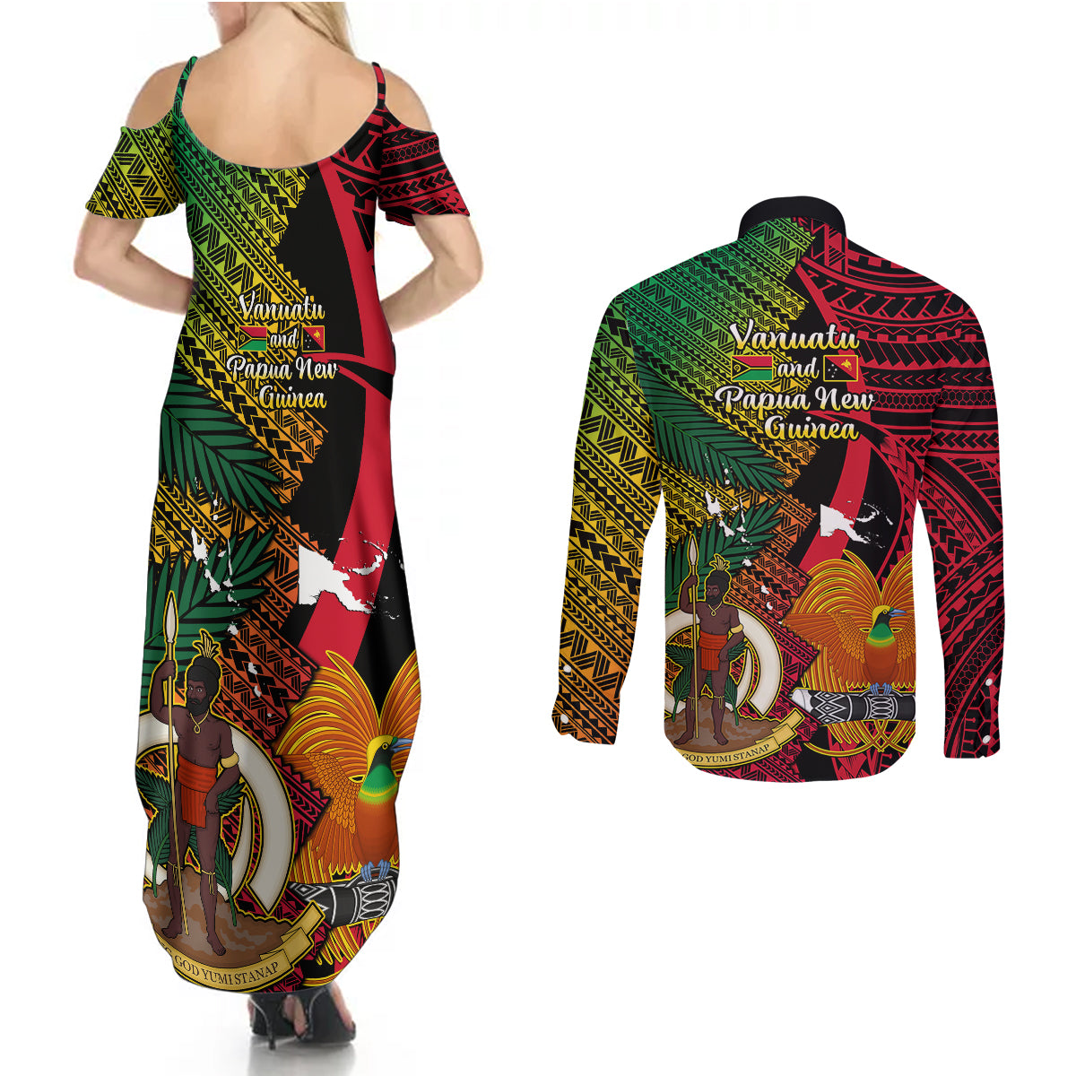 Vanuatu and Papua New Guinea Couples Matching Summer Maxi Dress and Long Sleeve Button Shirts Vanuatuan With PNG Polynesian Pattern LT14 - Polynesian Pride