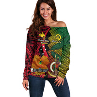 Vanuatu and Papua New Guinea Off Shoulder Sweater Vanuatuan With PNG Polynesian Pattern LT14 Women Black - Polynesian Pride