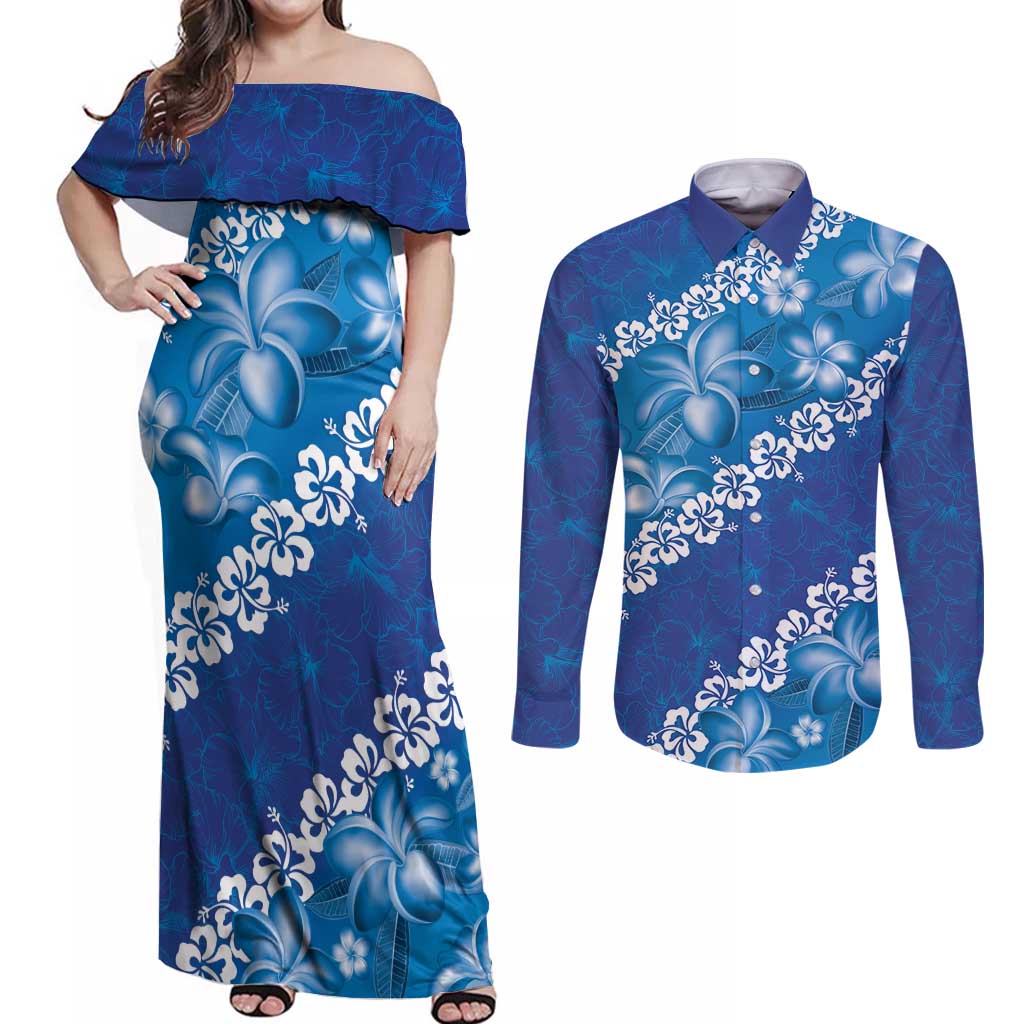 Vintage Blue Polynesia Couples Matching Off Shoulder Maxi Dress and Long Sleeve Button Shirt Plumeria With Hibiscus Tropical Vibes