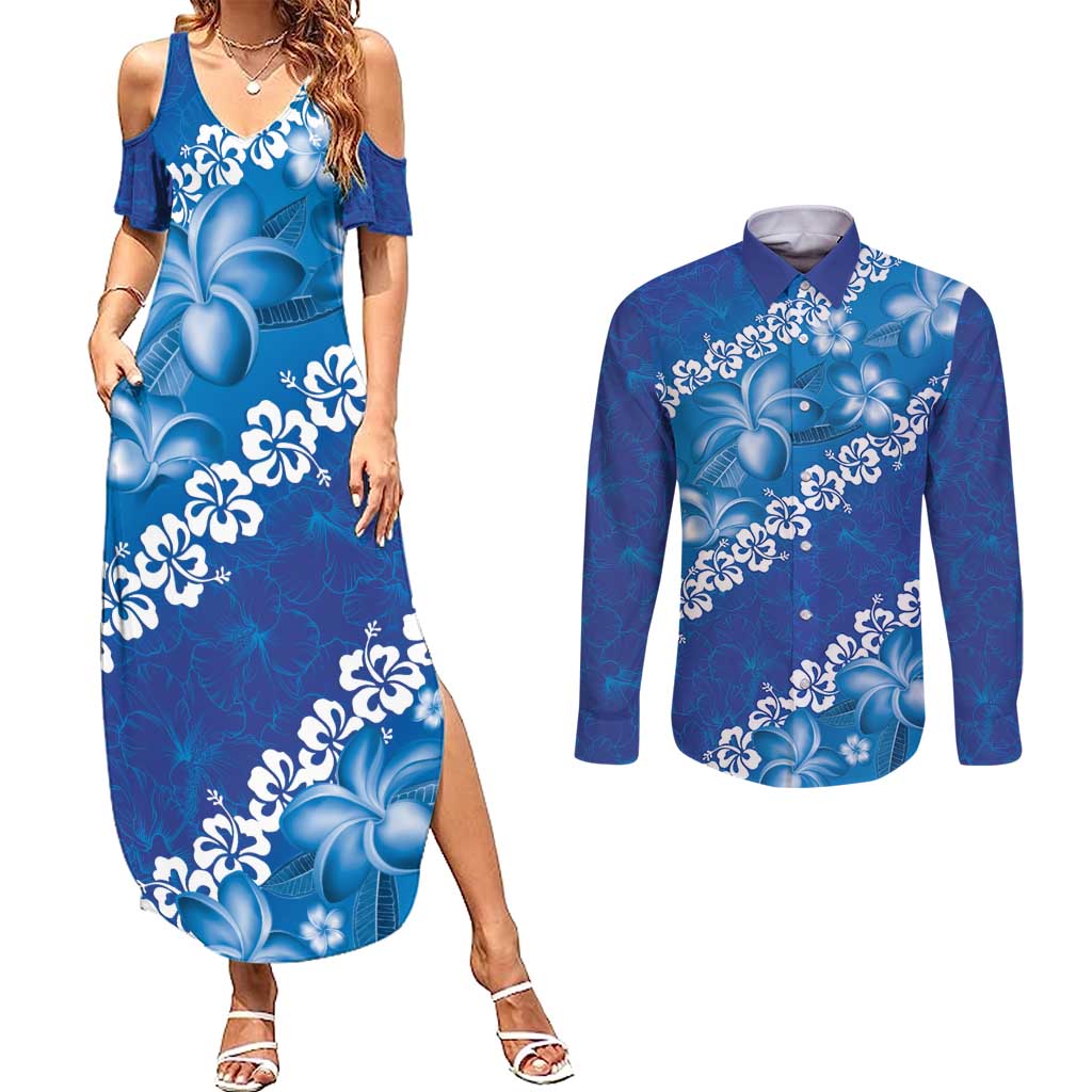 Vintage Blue Polynesia Couples Matching Summer Maxi Dress and Long Sleeve Button Shirt Plumeria With Hibiscus Tropical Vibes