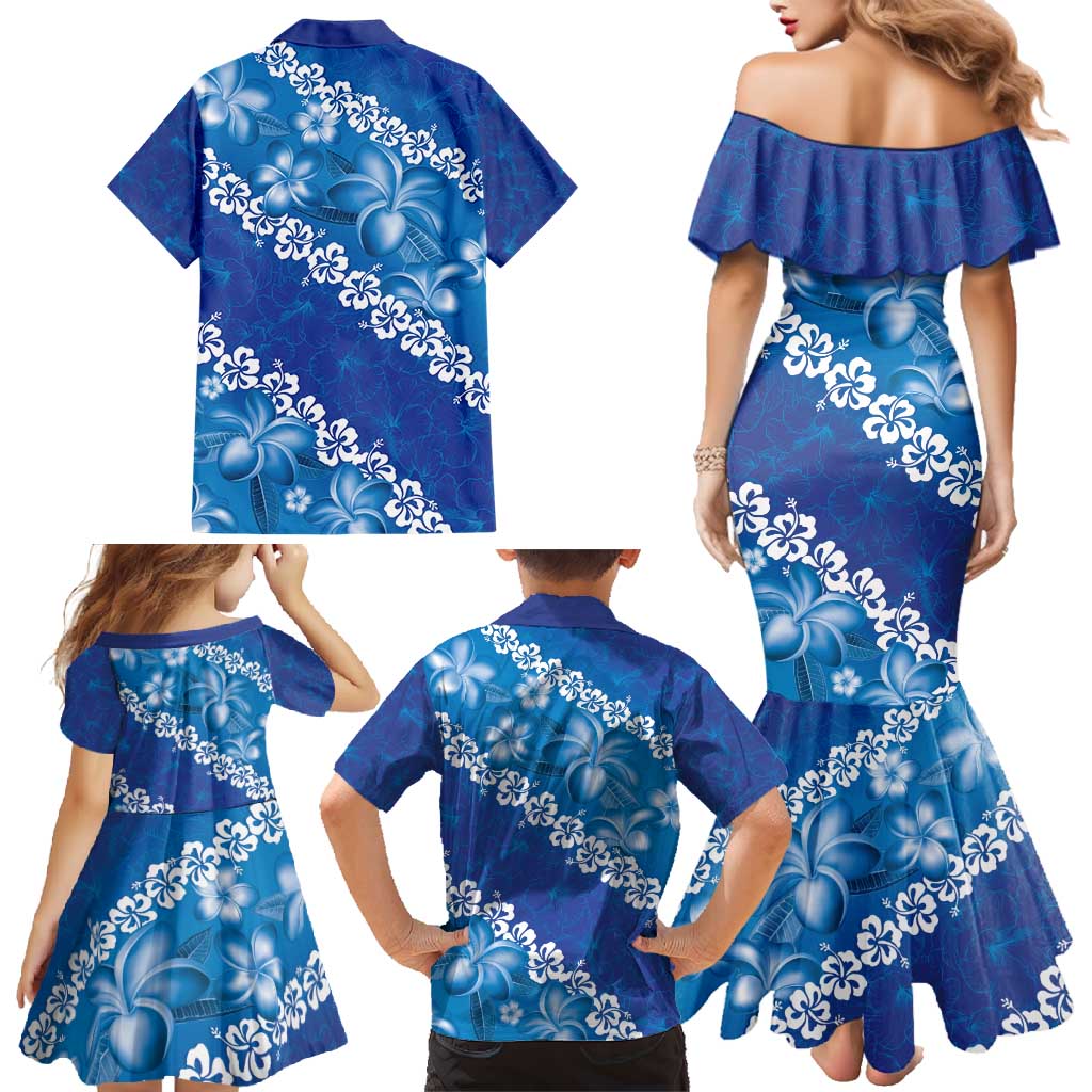 Vintage Blue Polynesia Family Matching Mermaid Dress and Hawaiian Shirt Plumeria With Hibiscus Tropical Vibes