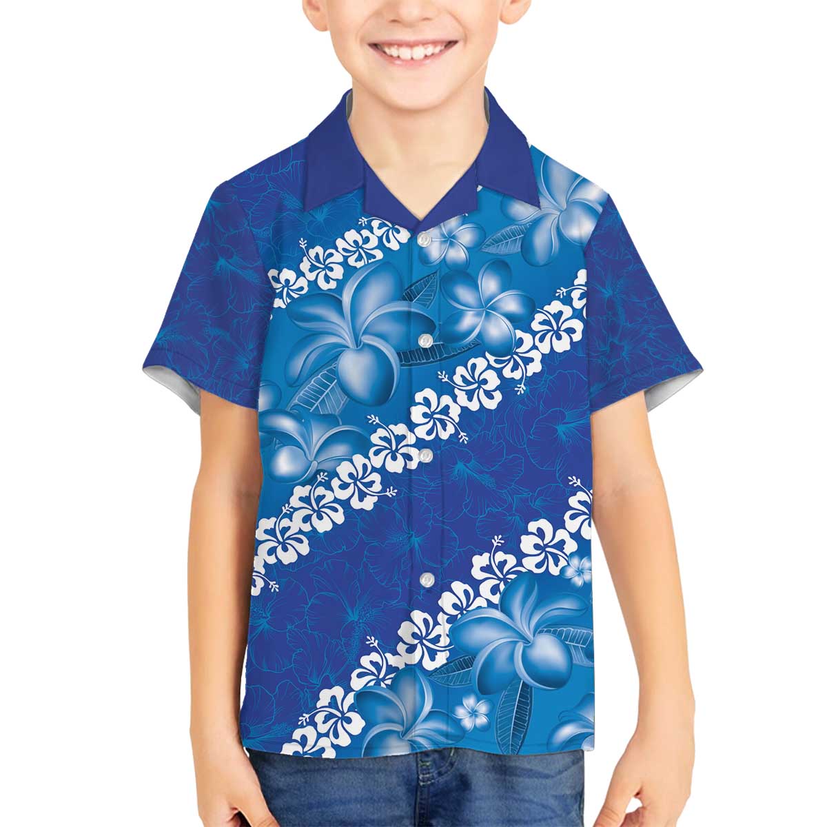 Vintage Blue Polynesia Family Matching Off Shoulder Short Dress and Hawaiian Shirt Plumeria With Hibiscus Tropical Vibes