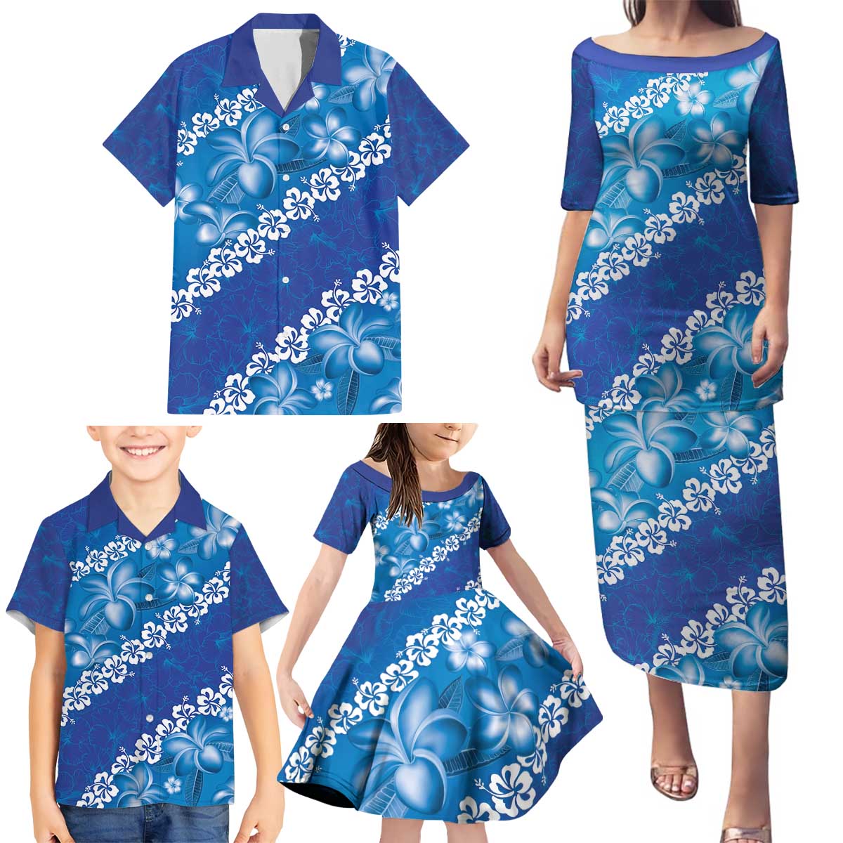 Vintage Blue Polynesia Family Matching Puletasi and Hawaiian Shirt Plumeria With Hibiscus Tropical Vibes