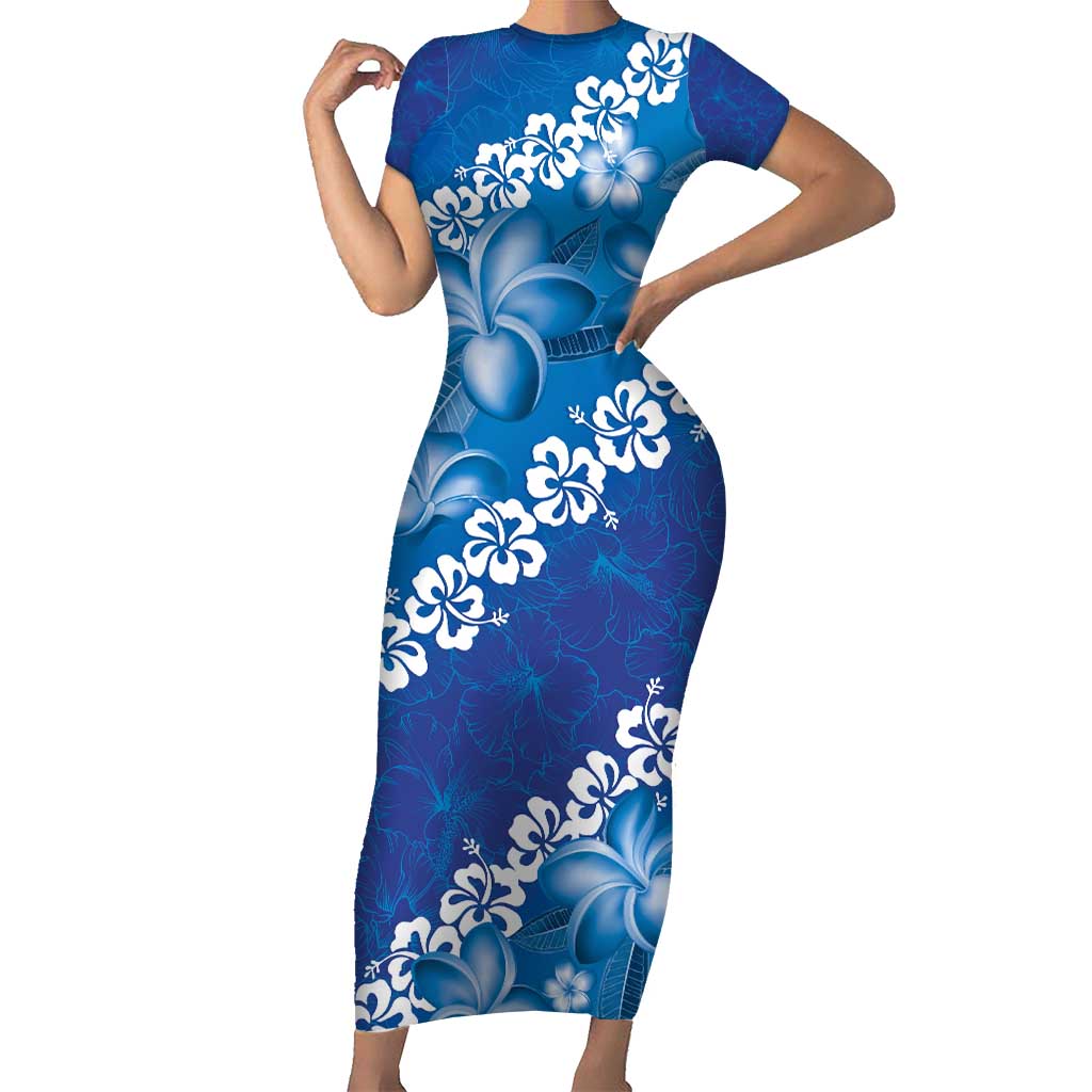 Vintage Blue Polynesia Family Matching Short Sleeve Bodycon Dress and Hawaiian Shirt Plumeria With Hibiscus Tropical Vibes