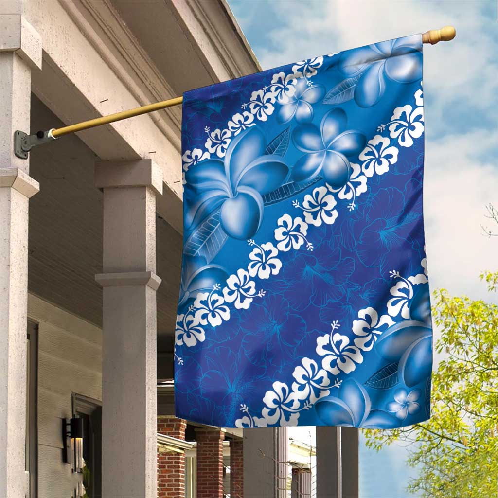 Vintage Blue Polynesia Garden Flag Plumeria With Hibiscus Tropical Vibes LT14 House Flag Blue - Polynesian Pride
