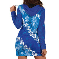 Vintage Blue Polynesia Hoodie Dress Plumeria With Hibiscus Tropical Vibes