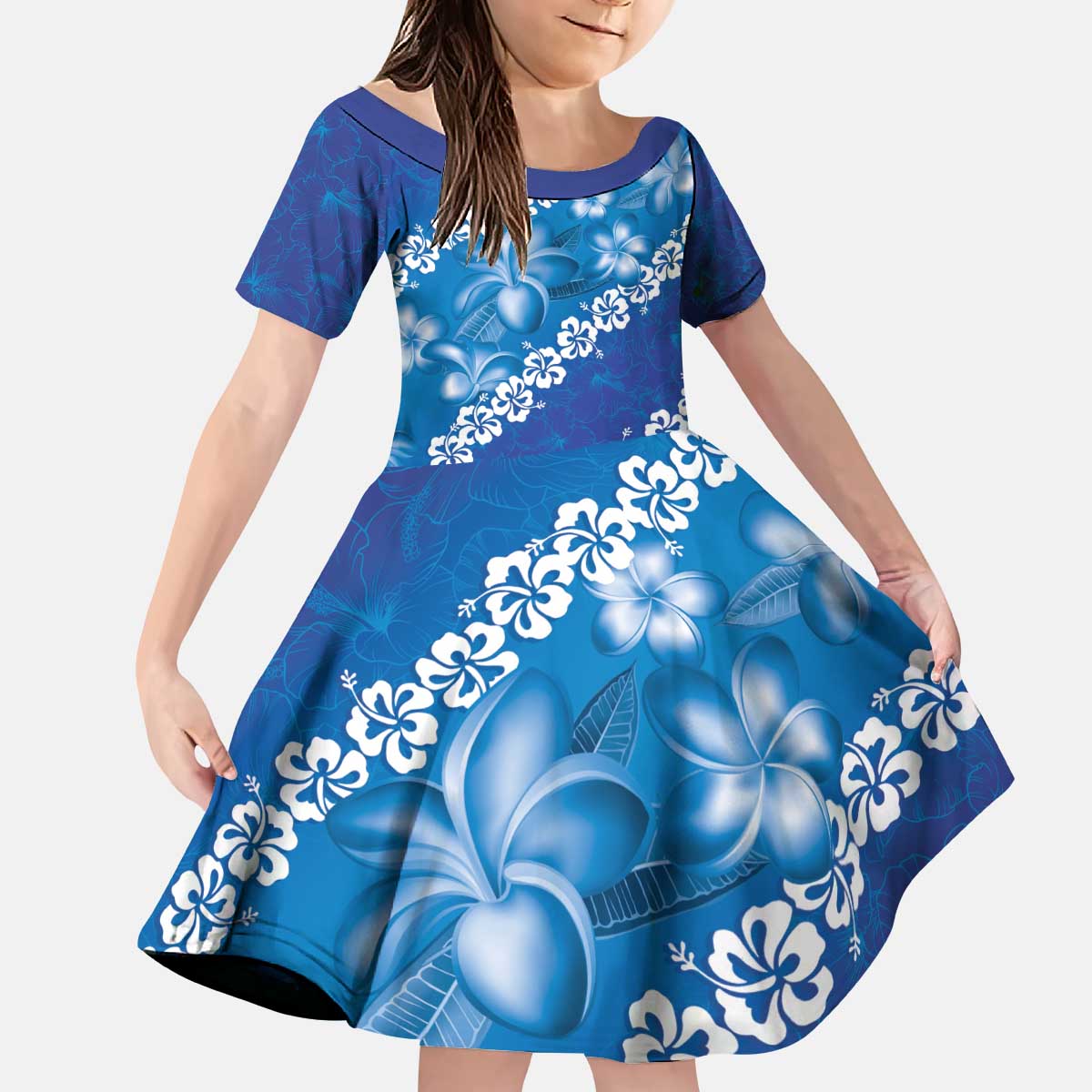 Vintage Blue Polynesia Kid Short Sleeve Dress Plumeria With Hibiscus Tropical Vibes LT14 KID Blue - Polynesian Pride