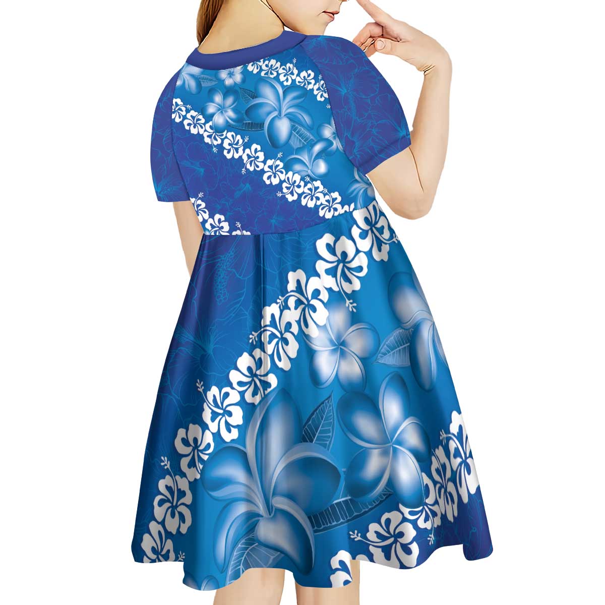 Vintage Blue Polynesia Kid Short Sleeve Dress Plumeria With Hibiscus Tropical Vibes LT14 - Polynesian Pride