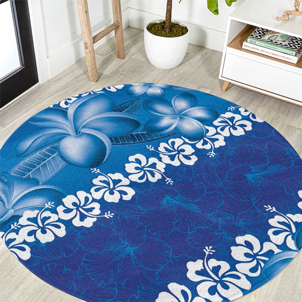 Vintage Blue Polynesia Round Carpet Plumeria With Hibiscus Tropical Vibes LT14 Blue - Polynesian Pride