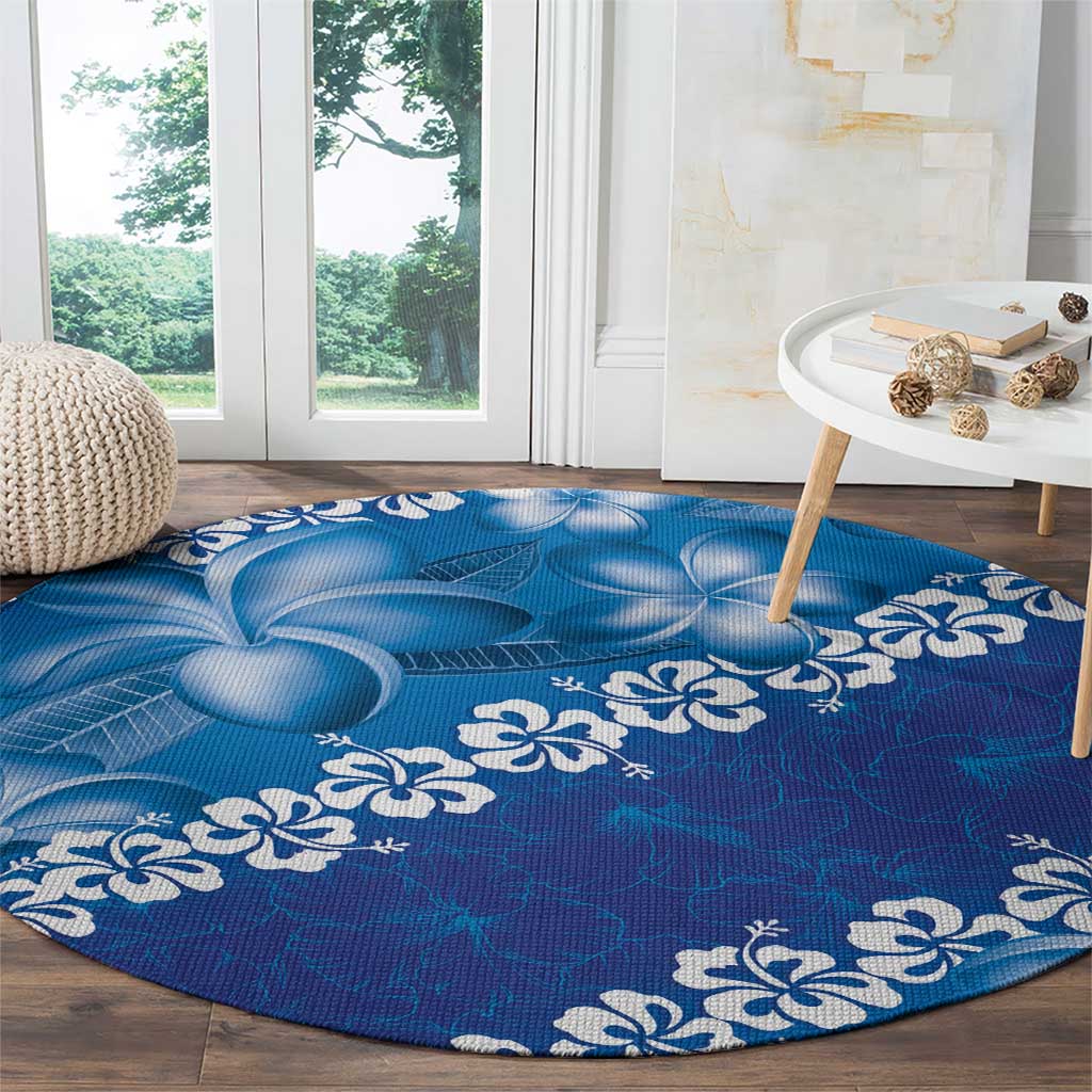 Vintage Blue Polynesia Round Carpet Plumeria With Hibiscus Tropical Vibes LT14 - Polynesian Pride
