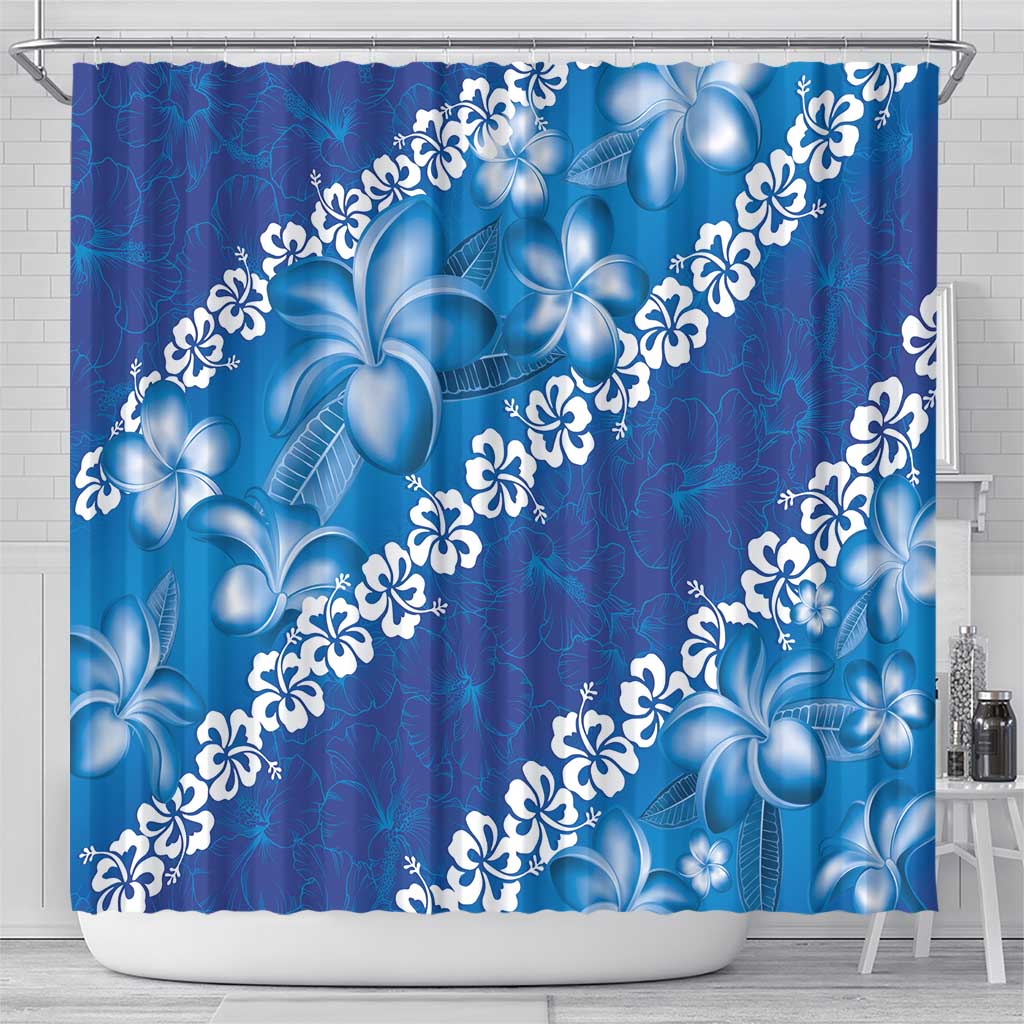 Vintage Blue Polynesia Shower Curtain Plumeria With Hibiscus Tropical Vibes