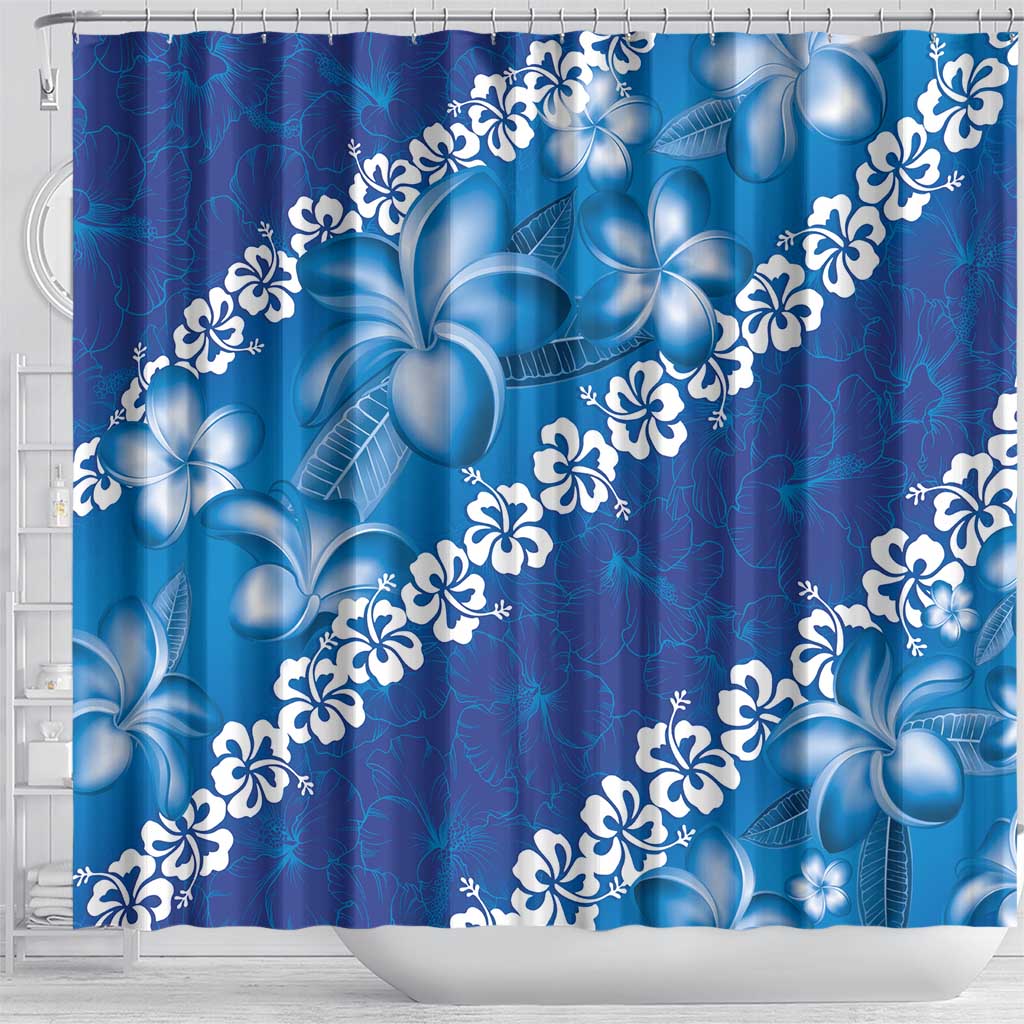 Vintage Blue Polynesia Shower Curtain Plumeria With Hibiscus Tropical Vibes