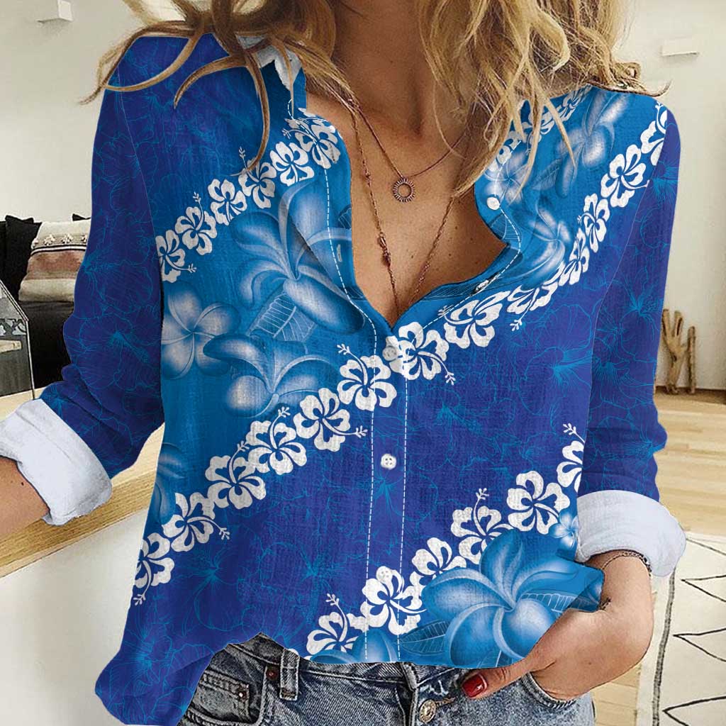 Vintage Blue Polynesia Women Casual Shirt Plumeria With Hibiscus Tropical Vibes