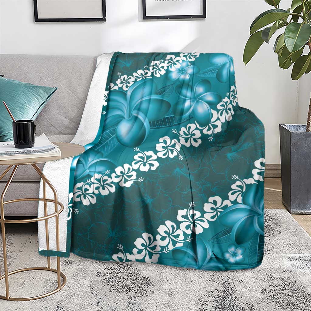 Vintage Dark Cyan Polynesia Blanket Plumeria With Hibiscus Tropical Vibes