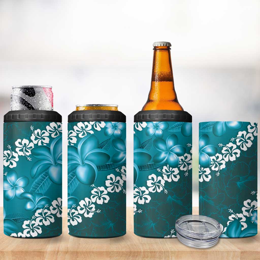 Vintage Dark Cyan Polynesia 4 in 1 Can Cooler Tumbler Plumeria With Hibiscus Tropical Vibes