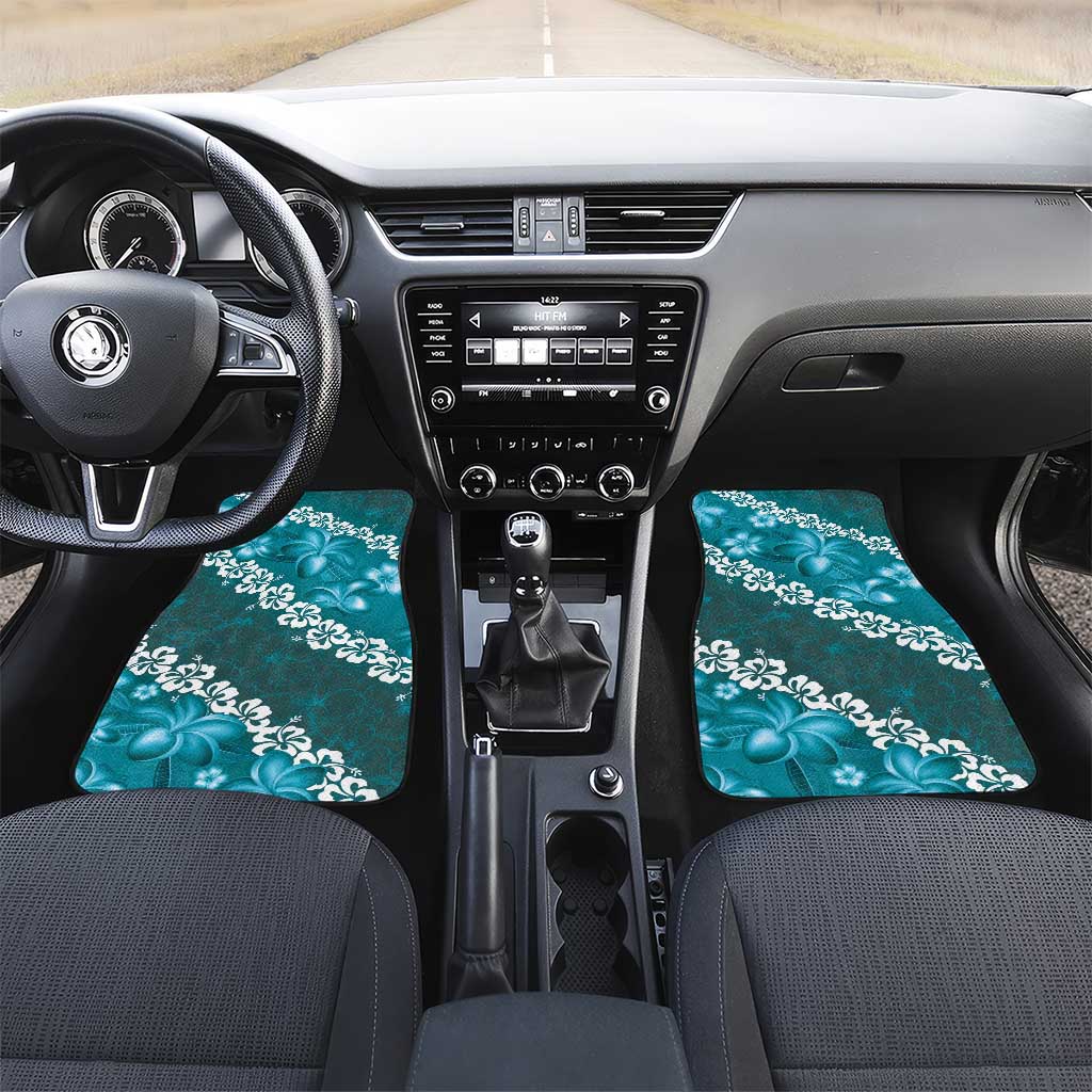 Vintage Dark Cyan Polynesia Car Mats Plumeria With Hibiscus Tropical Vibes