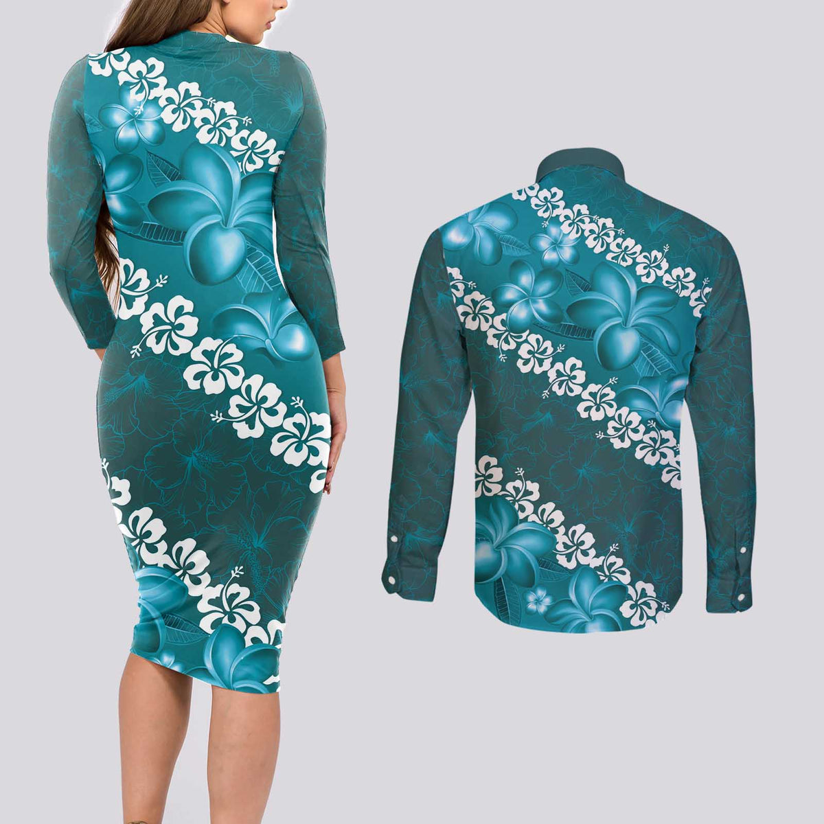 Vintage Dark Cyan Polynesia Couples Matching Long Sleeve Bodycon Dress and Long Sleeve Button Shirt Plumeria With Hibiscus Tropical Vibes