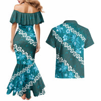 Vintage Dark Cyan Polynesia Couples Matching Mermaid Dress and Hawaiian Shirt Plumeria With Hibiscus Tropical Vibes