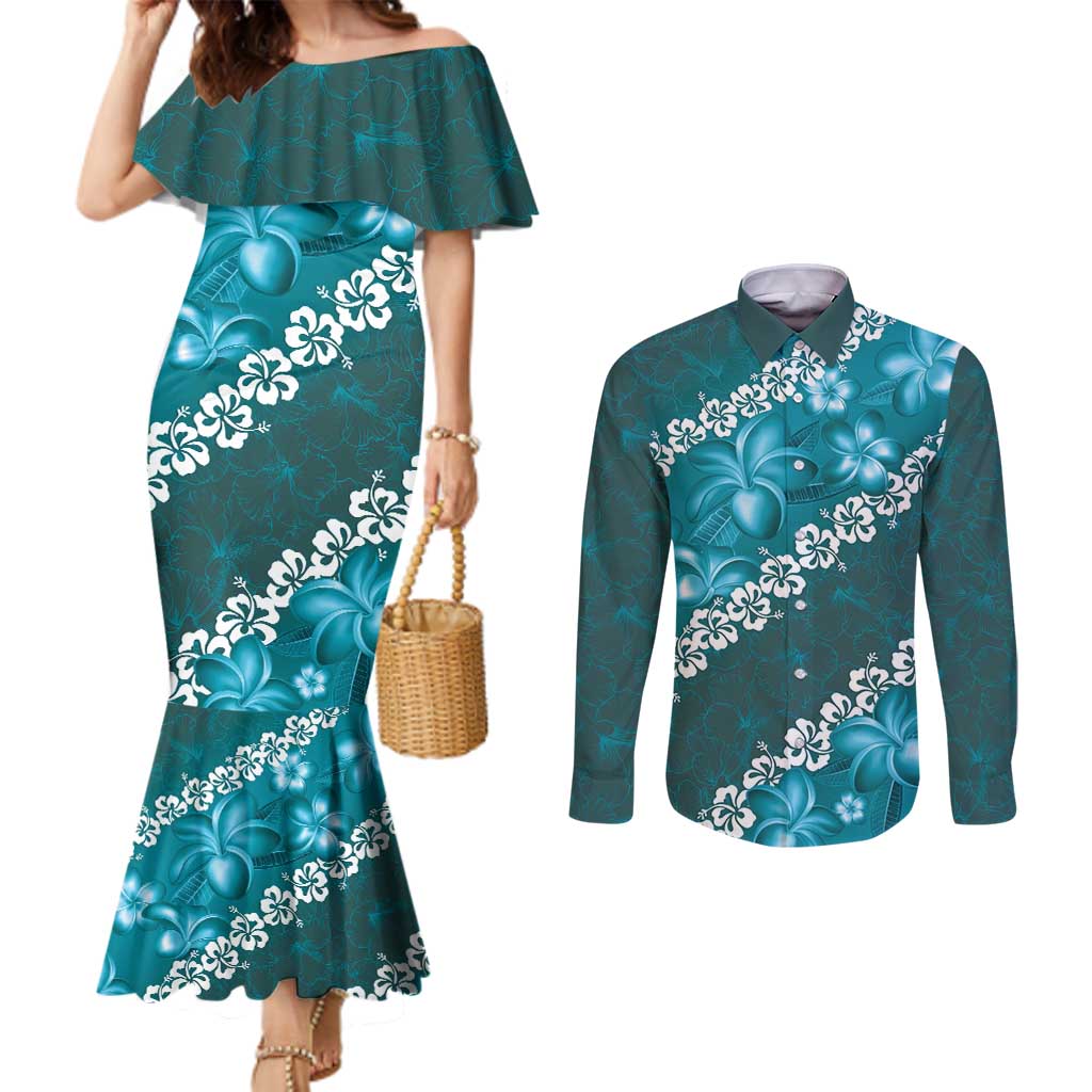 Vintage Dark Cyan Polynesia Couples Matching Mermaid Dress and Long Sleeve Button Shirt Plumeria With Hibiscus Tropical Vibes