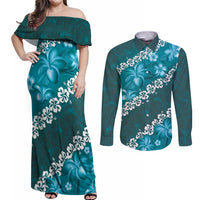 Vintage Dark Cyan Polynesia Couples Matching Off Shoulder Maxi Dress and Long Sleeve Button Shirt Plumeria With Hibiscus Tropical Vibes
