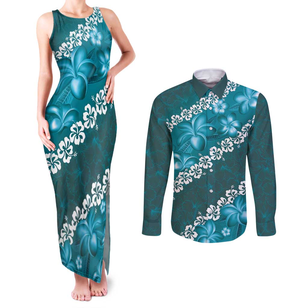 Vintage Dark Cyan Polynesia Couples Matching Tank Maxi Dress and Long Sleeve Button Shirt Plumeria With Hibiscus Tropical Vibes