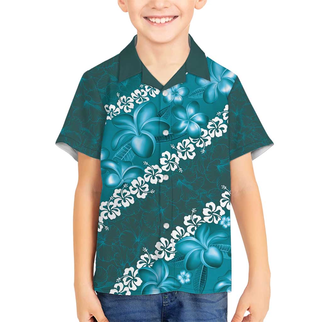 Vintage Dark Cyan Polynesia Family Matching Tank Maxi Dress and Hawaiian Shirt Plumeria With Hibiscus Tropical Vibes