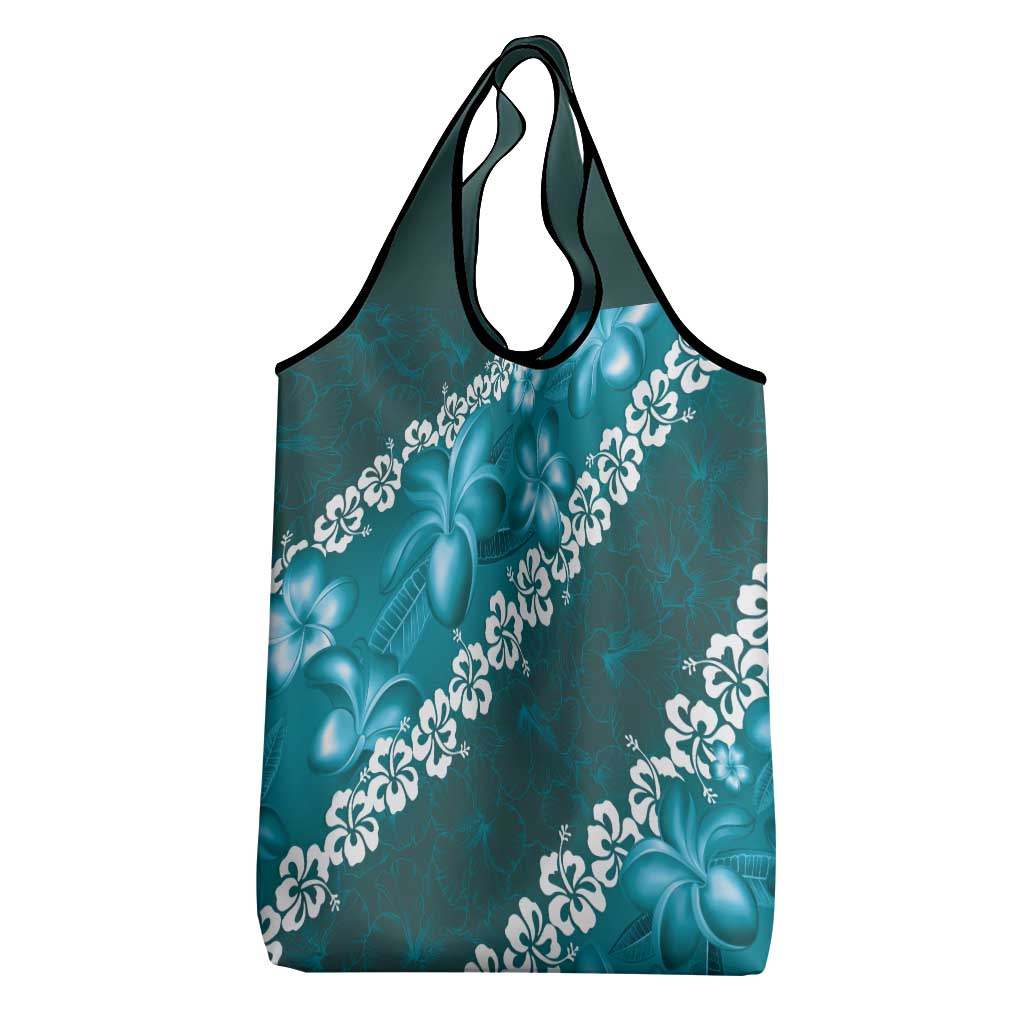 Vintage Dark Cyan Polynesia Grocery Bag Plumeria With Hibiscus Tropical Vibes