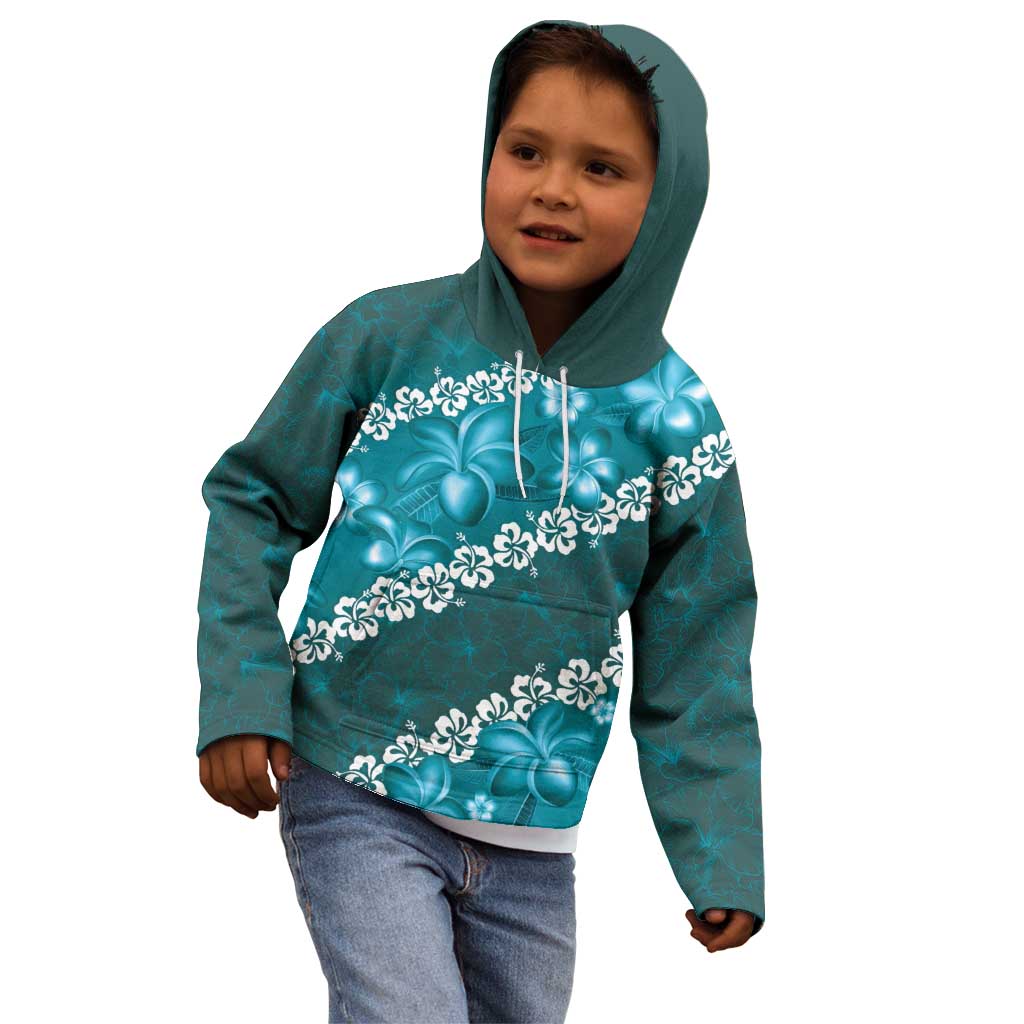 Vintage Dark Cyan Polynesia Kid Hoodie Plumeria With Hibiscus Tropical Vibes LT14 - Polynesian Pride