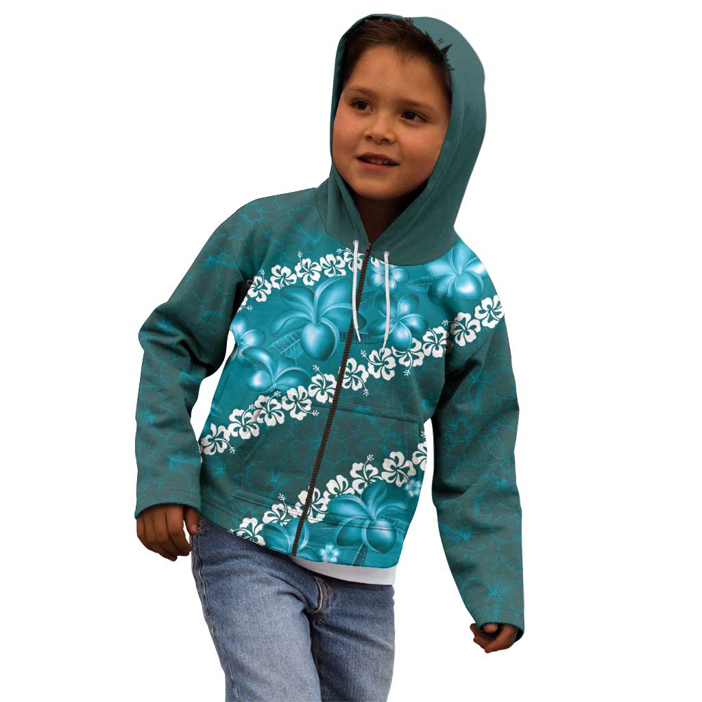 Vintage Dark Cyan Polynesia Kid Hoodie Plumeria With Hibiscus Tropical Vibes LT14 - Polynesian Pride