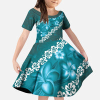 Vintage Dark Cyan Polynesia Kid Short Sleeve Dress Plumeria With Hibiscus Tropical Vibes LT14 KID Dark Cyan - Polynesian Pride