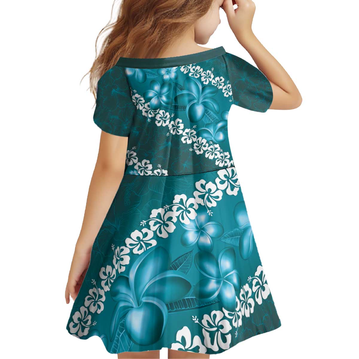 Vintage Dark Cyan Polynesia Kid Short Sleeve Dress Plumeria With Hibiscus Tropical Vibes LT14 - Polynesian Pride