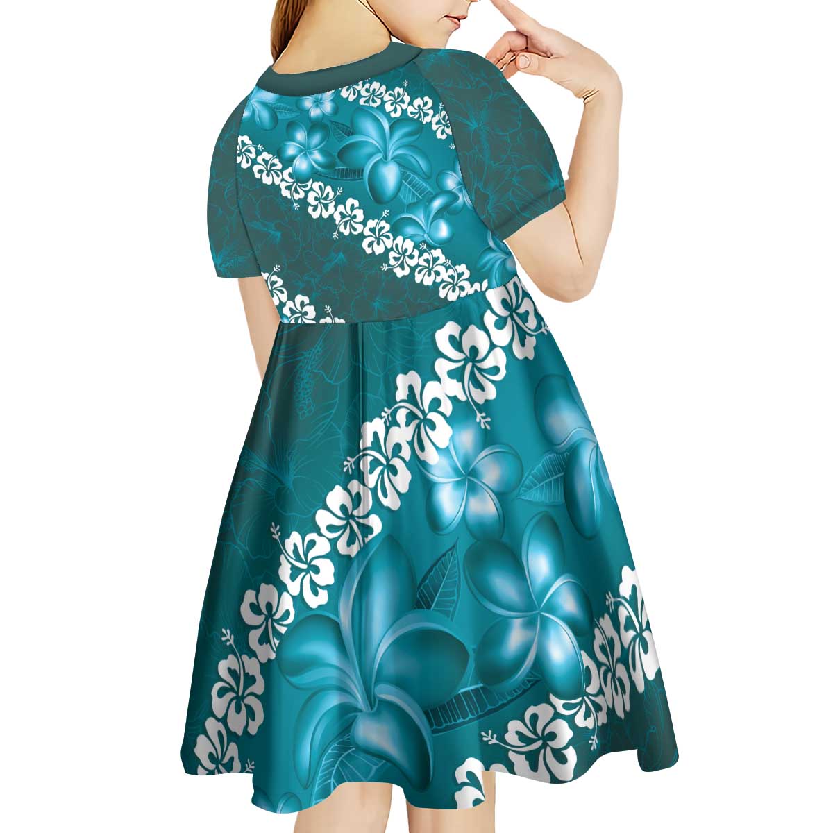 Vintage Dark Cyan Polynesia Kid Short Sleeve Dress Plumeria With Hibiscus Tropical Vibes LT14 - Polynesian Pride