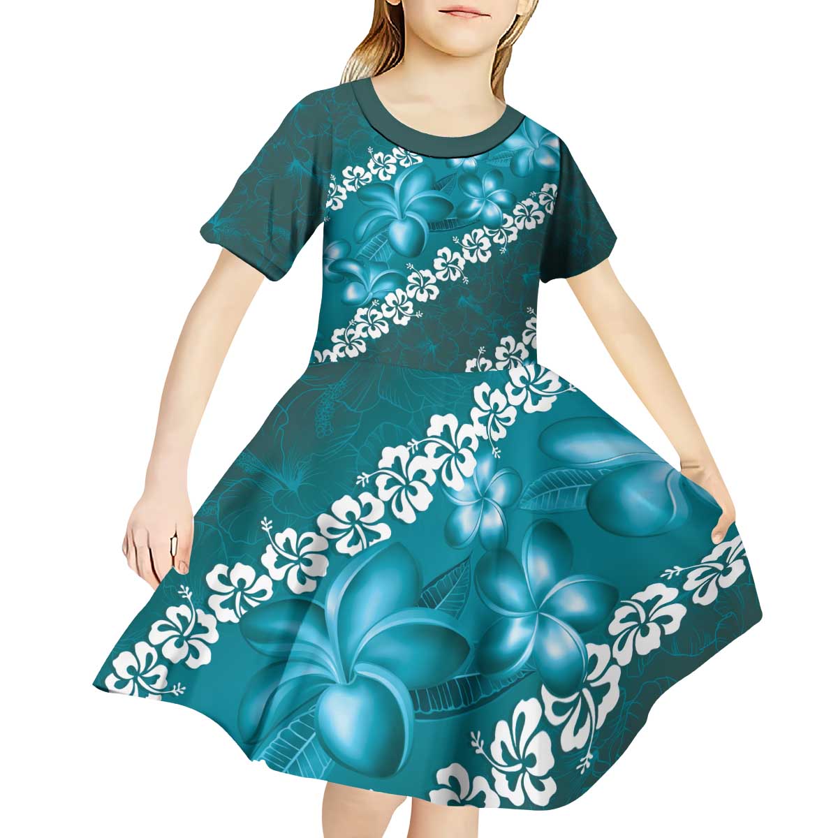 Vintage Dark Cyan Polynesia Kid Short Sleeve Dress Plumeria With Hibiscus Tropical Vibes LT14 - Polynesian Pride