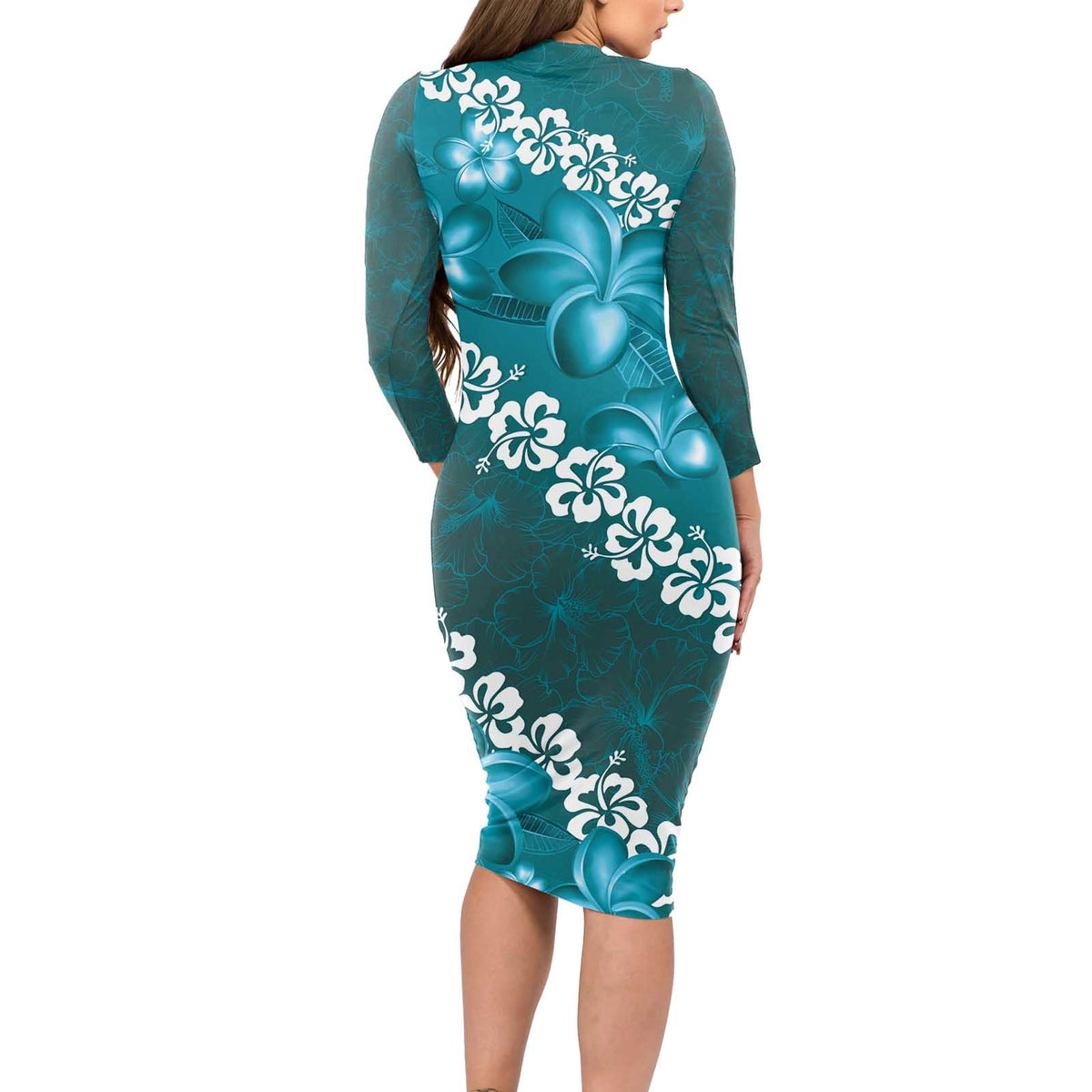 Vintage Dark Cyan Polynesia Long Sleeve Bodycon Dress Plumeria With Hibiscus Tropical Vibes