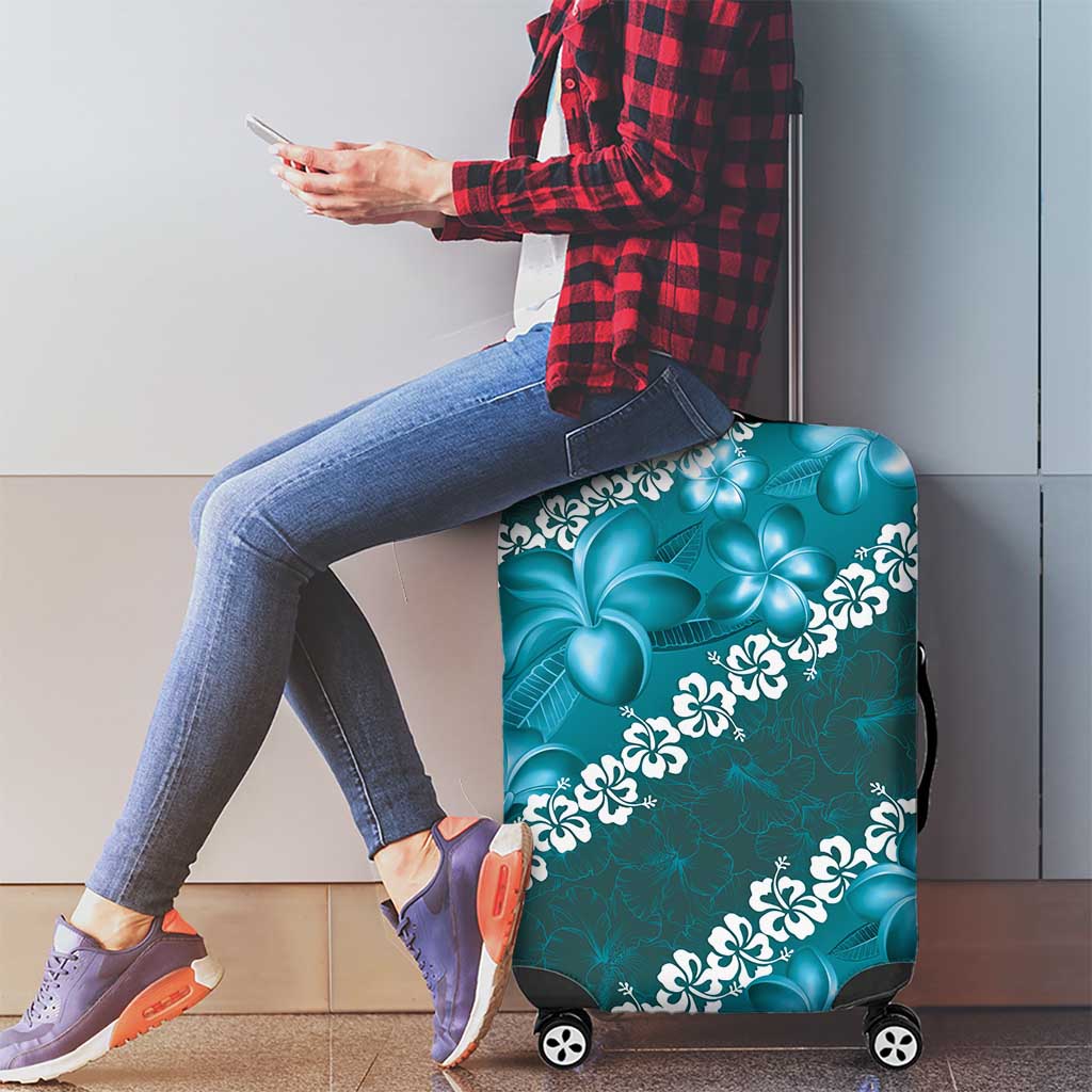 Vintage Dark Cyan Polynesia Luggage Cover Plumeria With Hibiscus Tropical Vibes LT14 - Polynesian Pride