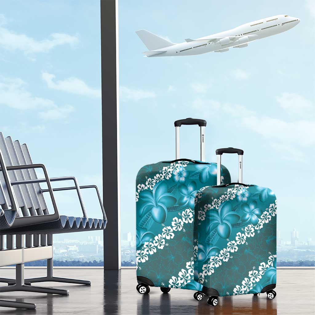 Vintage Dark Cyan Polynesia Luggage Cover Plumeria With Hibiscus Tropical Vibes LT14 - Polynesian Pride
