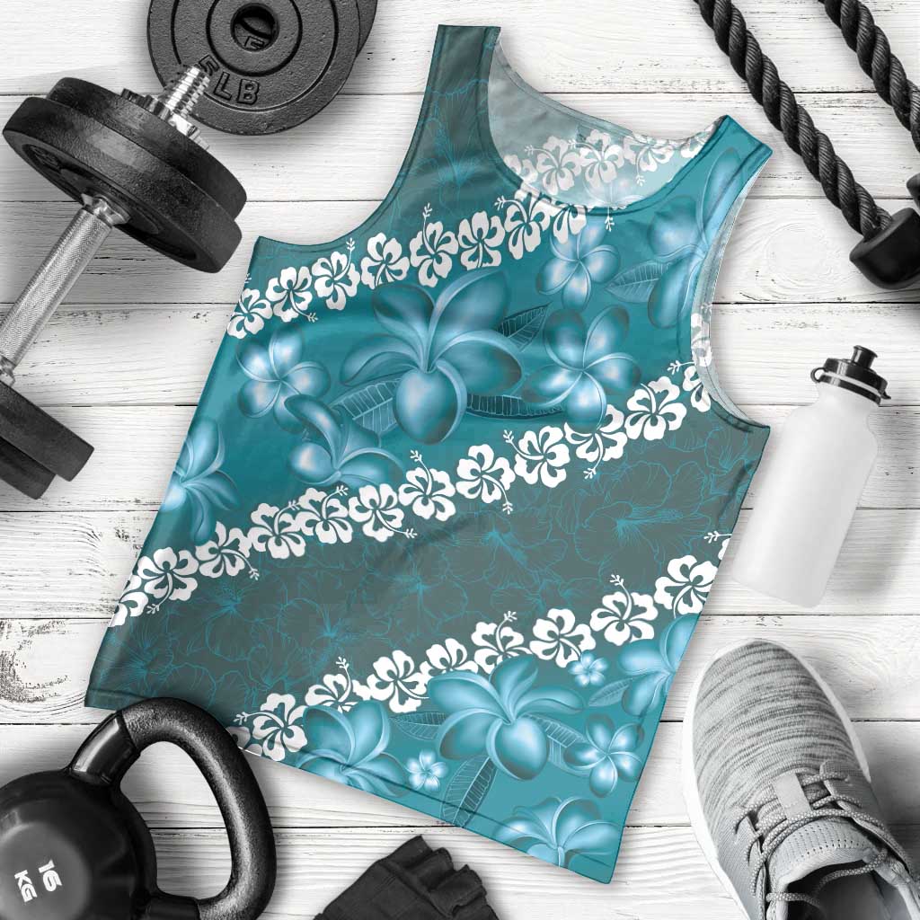 Vintage Dark Cyan Polynesia Men Tank Top Plumeria With Hibiscus Tropical Vibes