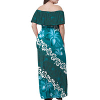 Vintage Dark Cyan Polynesia Off Shoulder Maxi Dress Plumeria With Hibiscus Tropical Vibes LT14 - Polynesian Pride