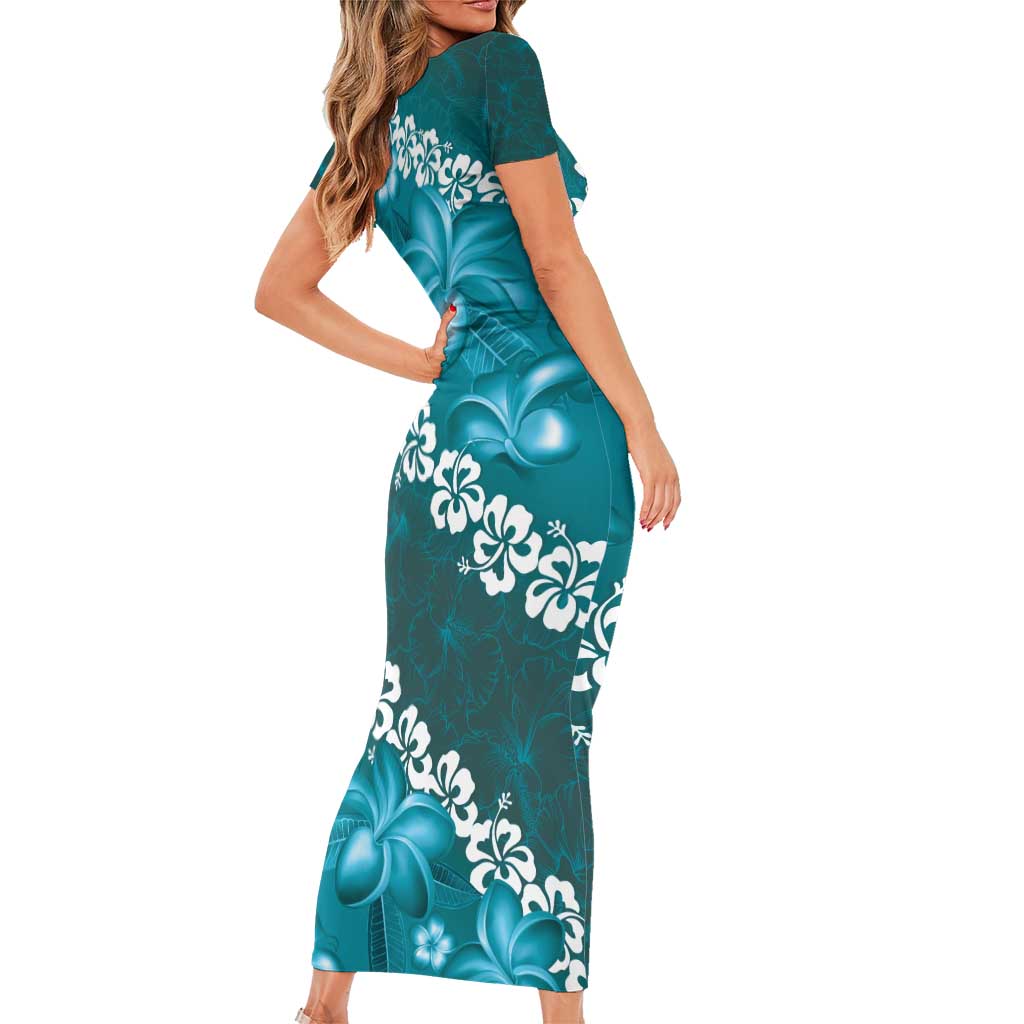Vintage Dark Cyan Polynesia Short Sleeve Bodycon Dress Plumeria With Hibiscus Tropical Vibes