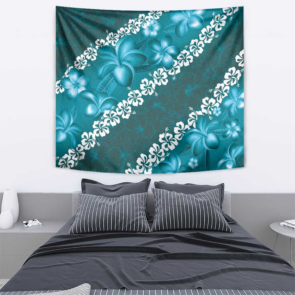 Vintage Dark Cyan Polynesia Tapestry Plumeria With Hibiscus Tropical Vibes LT14 - Polynesian Pride