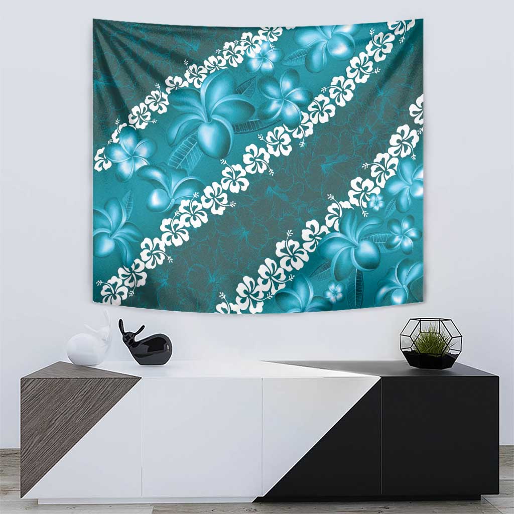 Vintage Dark Cyan Polynesia Tapestry Plumeria With Hibiscus Tropical Vibes LT14 - Polynesian Pride