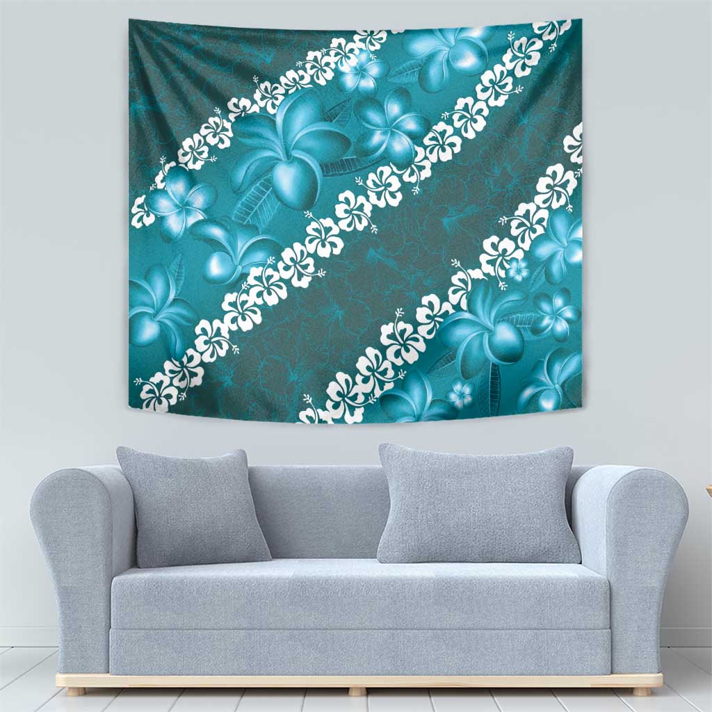 Vintage Dark Cyan Polynesia Tapestry Plumeria With Hibiscus Tropical Vibes LT14 - Polynesian Pride