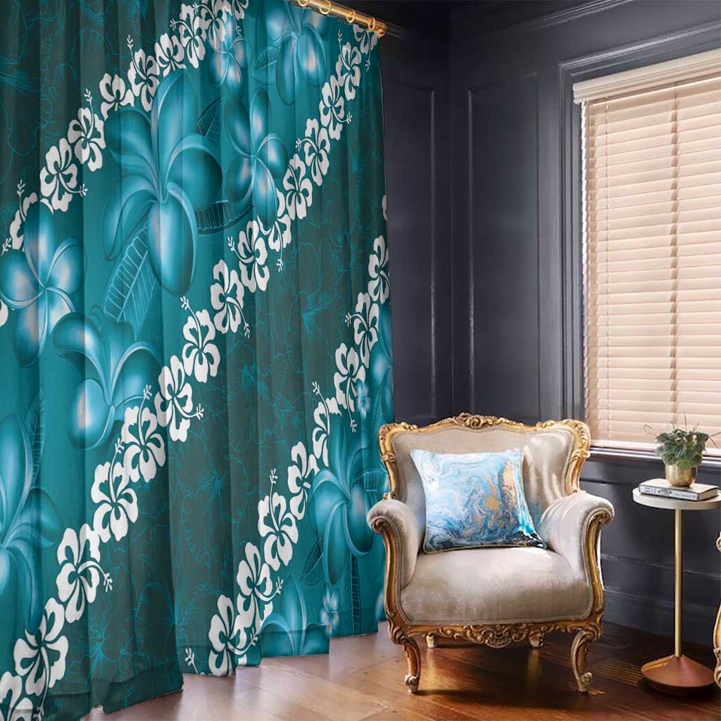 Vintage Dark Cyan Polynesia Window Curtain Plumeria With Hibiscus Tropical Vibes