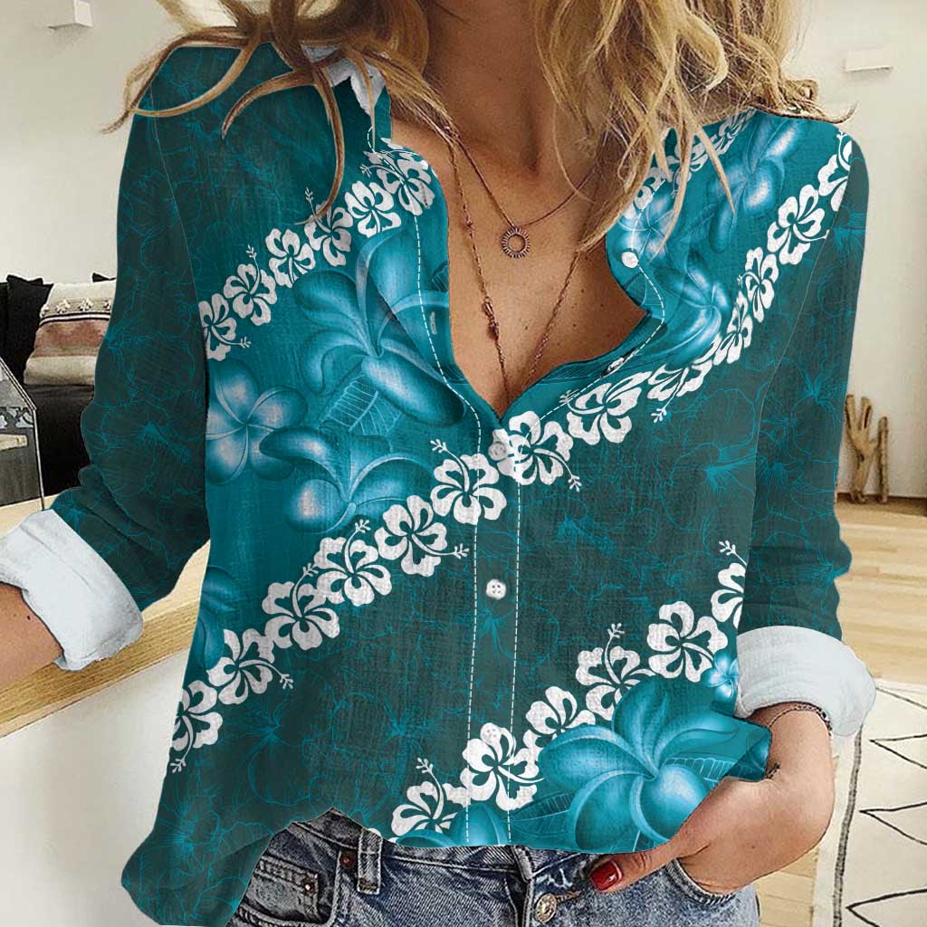 Vintage Dark Cyan Polynesia Women Casual Shirt Plumeria With Hibiscus Tropical Vibes