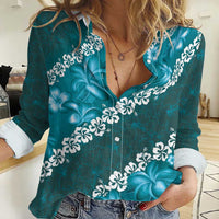 Vintage Dark Cyan Polynesia Women Casual Shirt Plumeria With Hibiscus Tropical Vibes