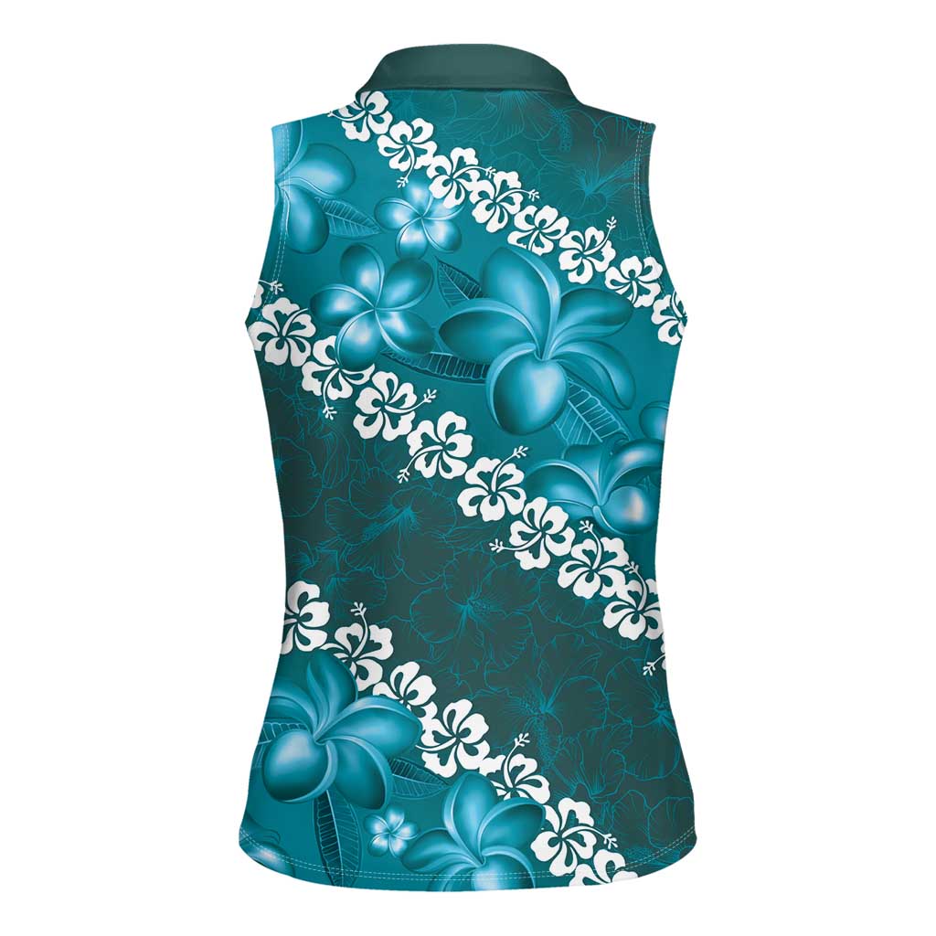 Vintage Dark Cyan Polynesia Women Sleeveless Polo Shirt Plumeria With Hibiscus Tropical Vibes LT14 - Polynesian Pride