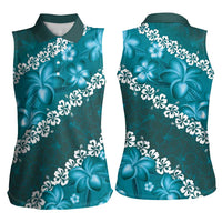 Vintage Dark Cyan Polynesia Women Sleeveless Polo Shirt Plumeria With Hibiscus Tropical Vibes LT14 - Polynesian Pride